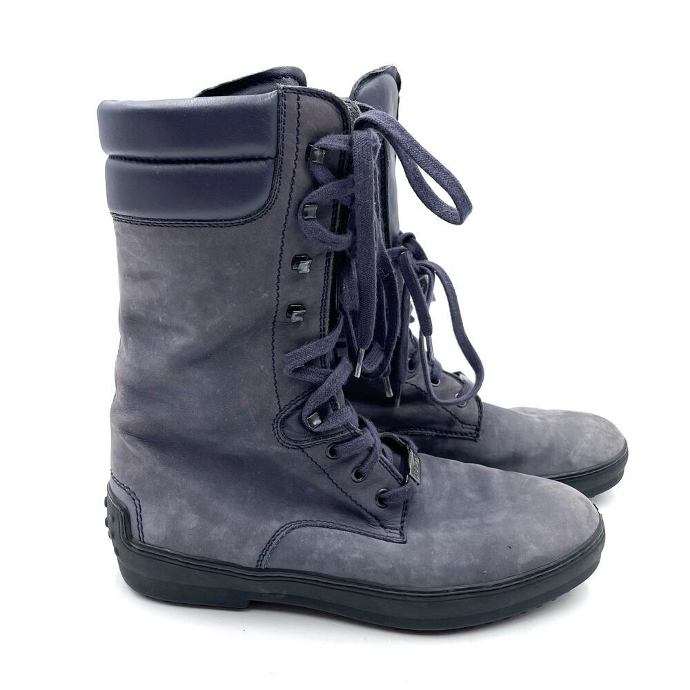 Tods‎ Combat Boots Gray Slate Leather Lace Up Women's Sz 38 / 8 US